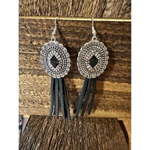 Boho Hippie Western Conch Tribal Silver Drop Wire Earrings, Black Leather, Gift